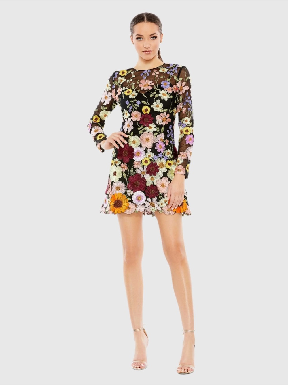 Mac Duggal 68202 Black Floral Embroidered Long Sleeve Mini Dress sz 0